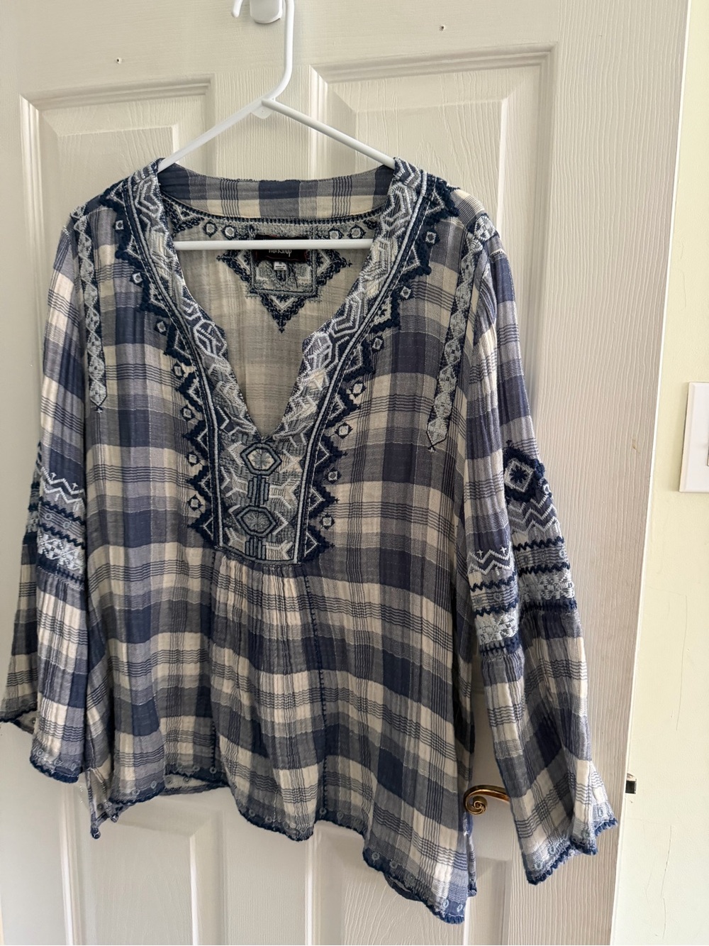 Johnny Was Simonee Blue and White Embroidered Plaid V-Neck Blouse